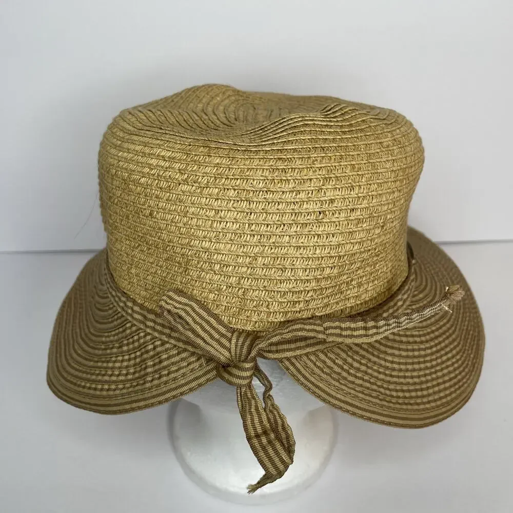 CAPPELLI Strawworld Women's Straw HAT with Striped Fabric Ribbon Detail BEIGE